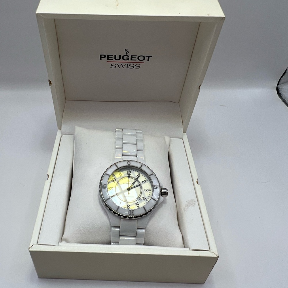 Peugeot Swiss Silver and White Ceramic Watch